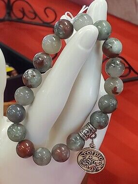 Scorpio Charm  Bead Stretch Bloodstone Bracelet  10mm.